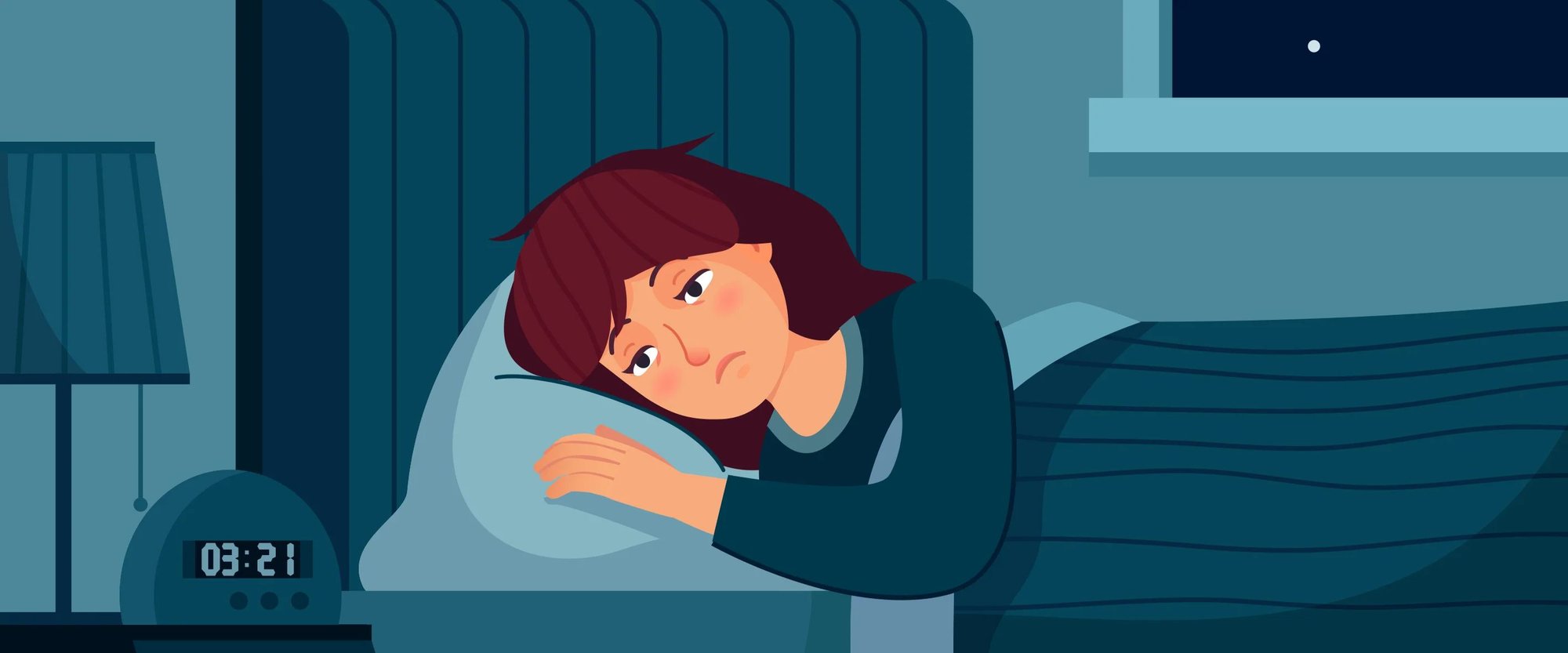 Illustration of woman in bed who can't fall asleep