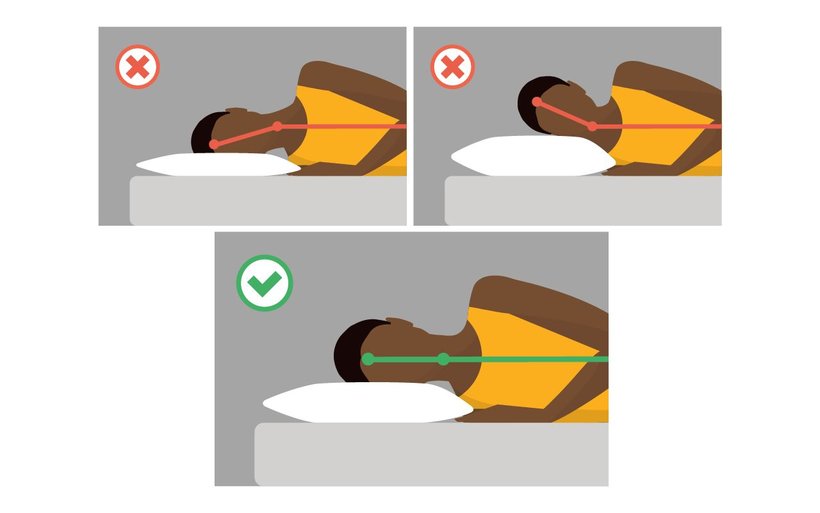 Illustration showing a side sleeper with three pillows: one that's too thin, too thick, and just right. 