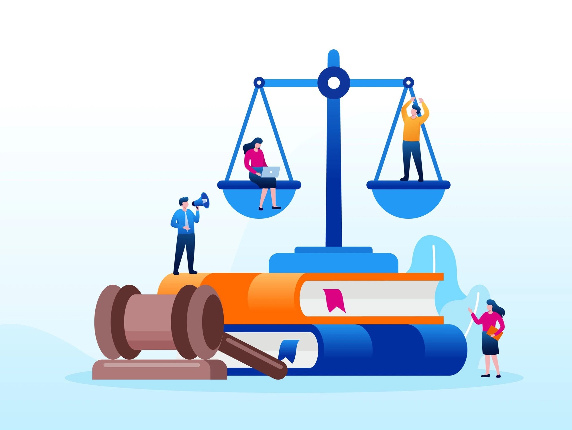 Illustration of legal scales on top of a stack of books next to a gavel