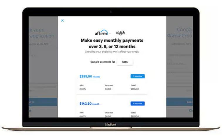 Laptop showing a popup with affirm example payments