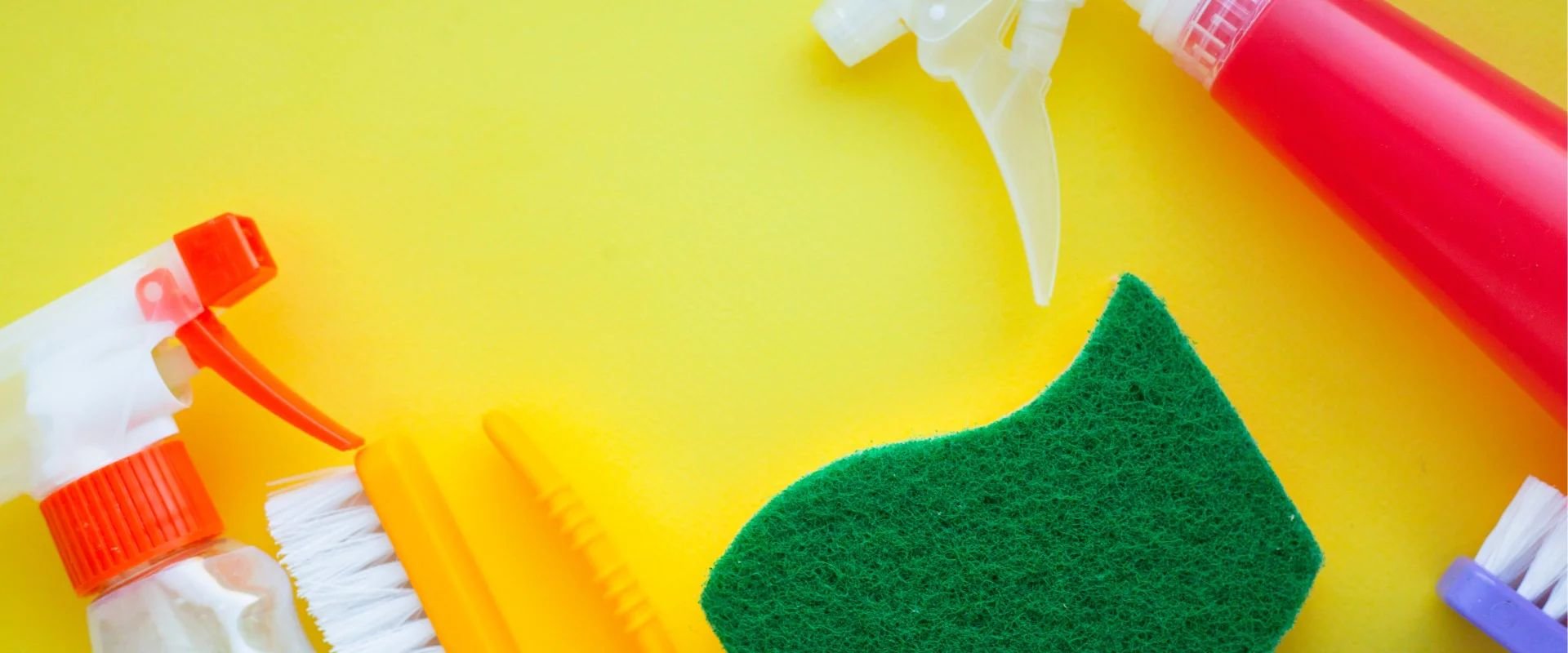 Sponge, brush, spray bottle, and other cleaning supplies