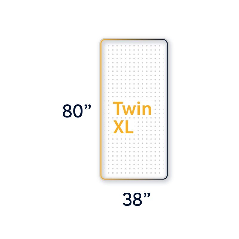 Illustration showing dimensions of a twin XL mattress: 80 inches long by 38 inches wide