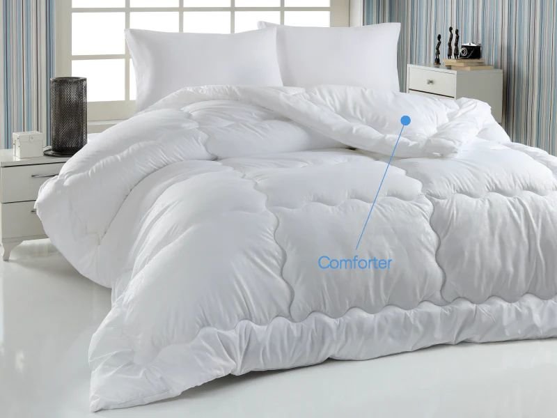 Bed with white quilted comforter