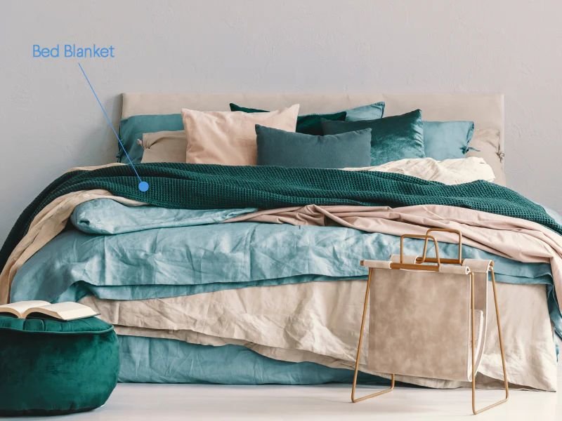 Bed with teal knit bed blanket