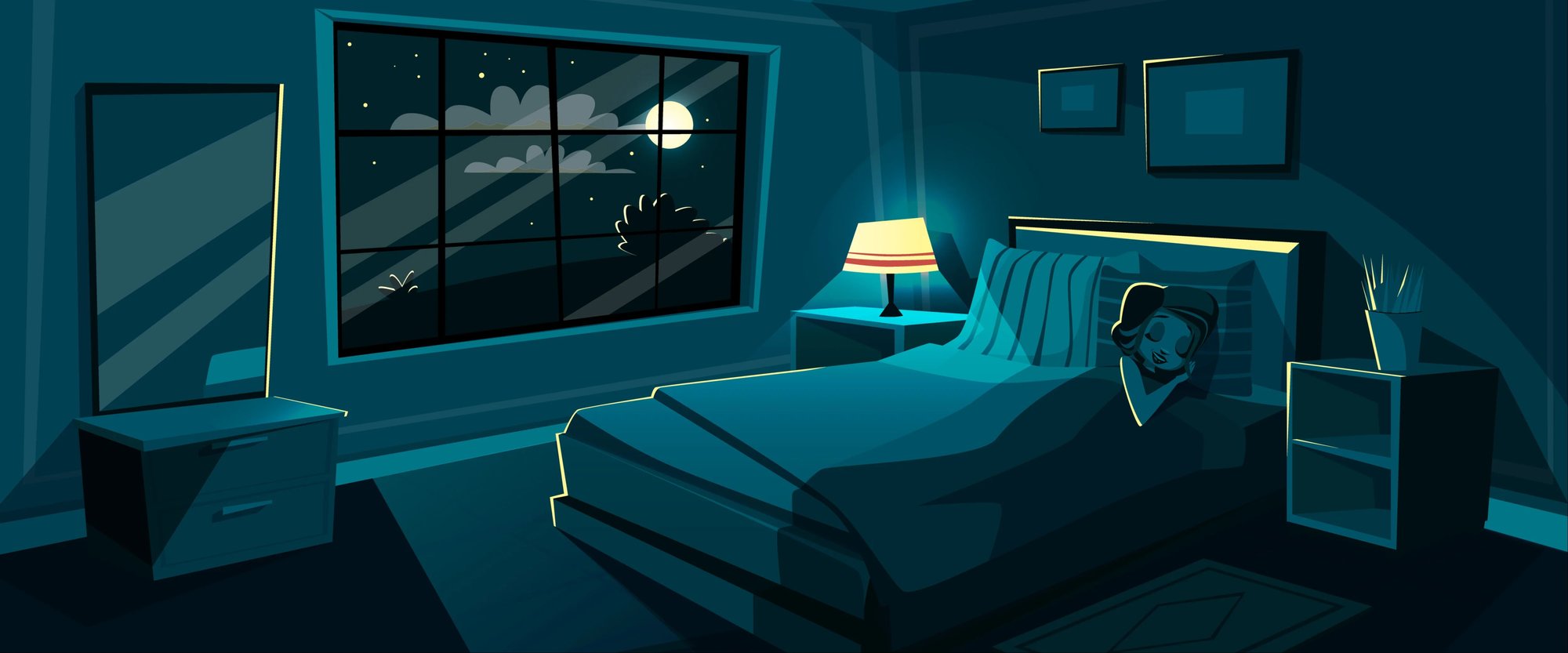 Illustration of a woman sleeping on a queen bed in bedroom
