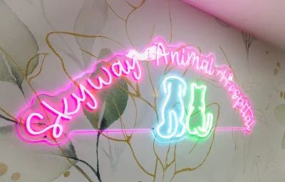 Skyway Animal Hospital illuminated neon sign displaying trusted brand identity and commitment to pet care in St. Petersburg since 1961