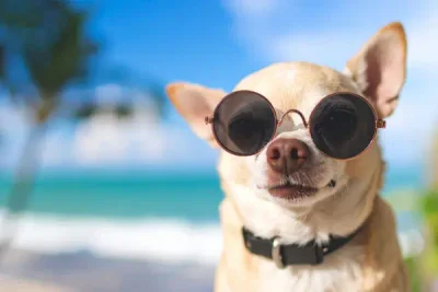 Happy Chihuahua wearing sunglasses at the beach, representing healthy active pets after professional dental care at Skyway Animal Hospital