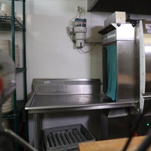Shiny stainless steel surfaces in a commercial kitchen