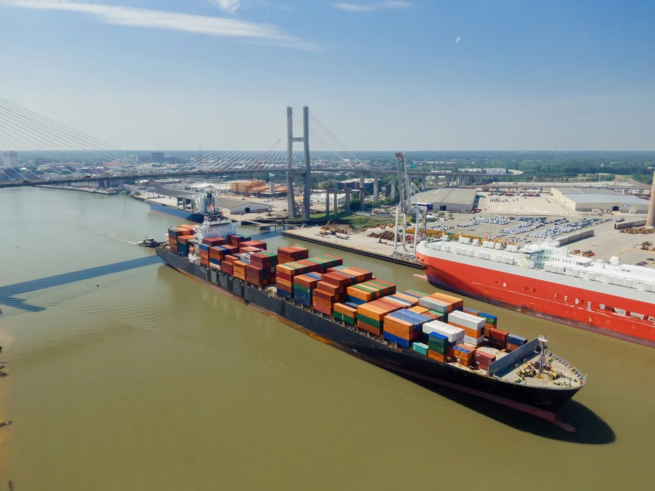 Savannah port ship passing under Eugene Talmadge Memorial Bridge