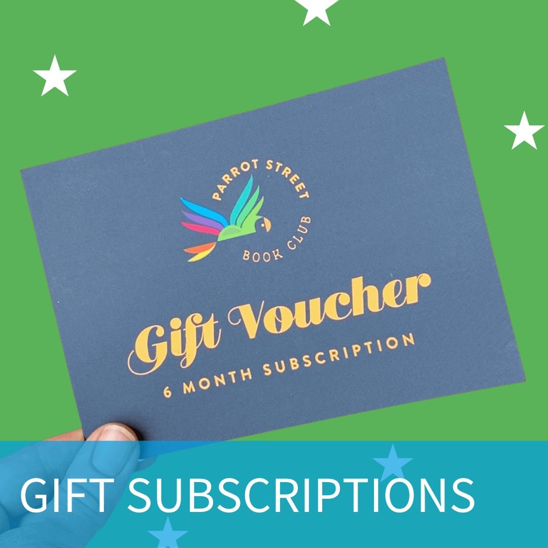 Hand holding a 6 month gift voucher for Parrot Street Book Club's children's book subscription
