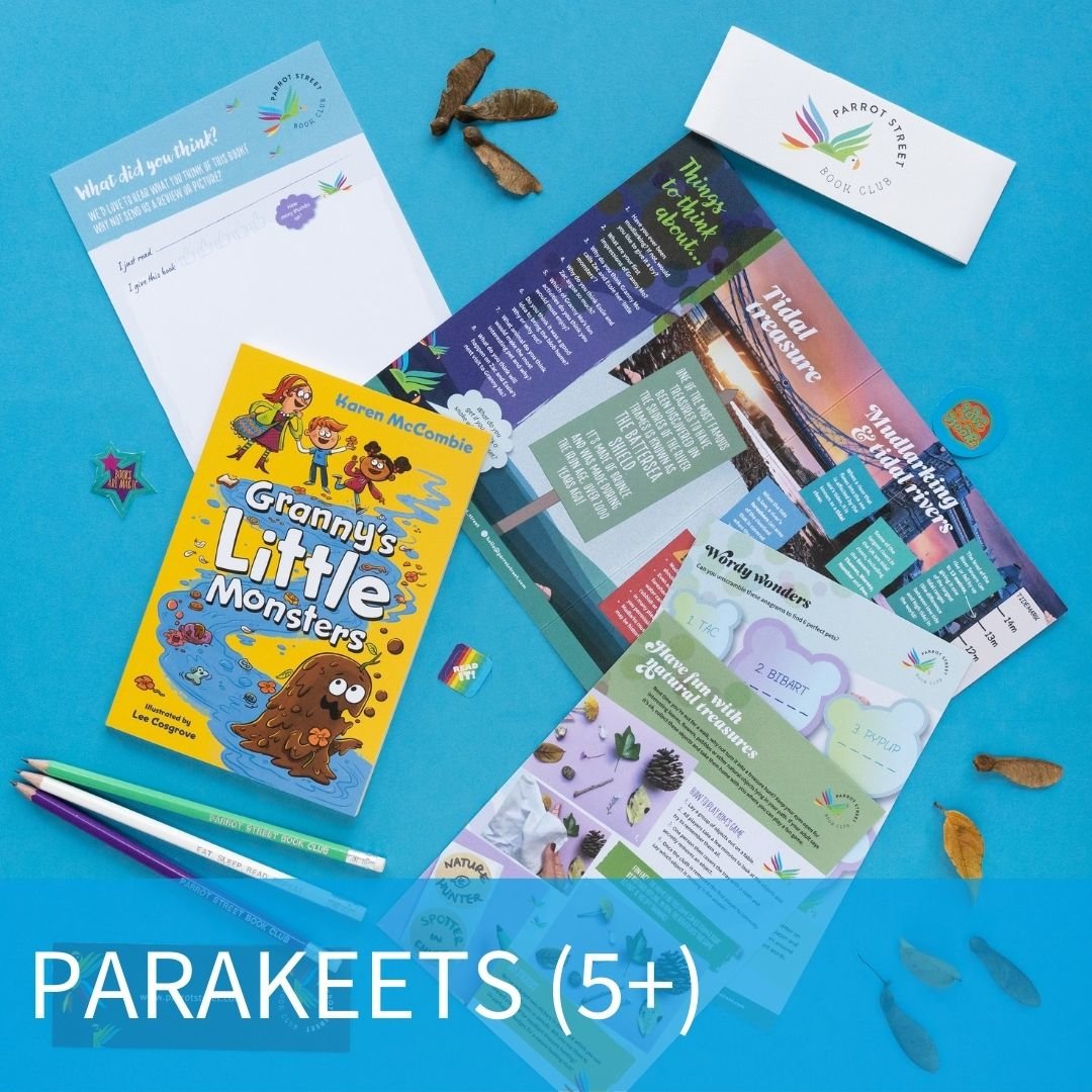 Book and activity pack laid out, overlay text reads PARAKEETS (5+)