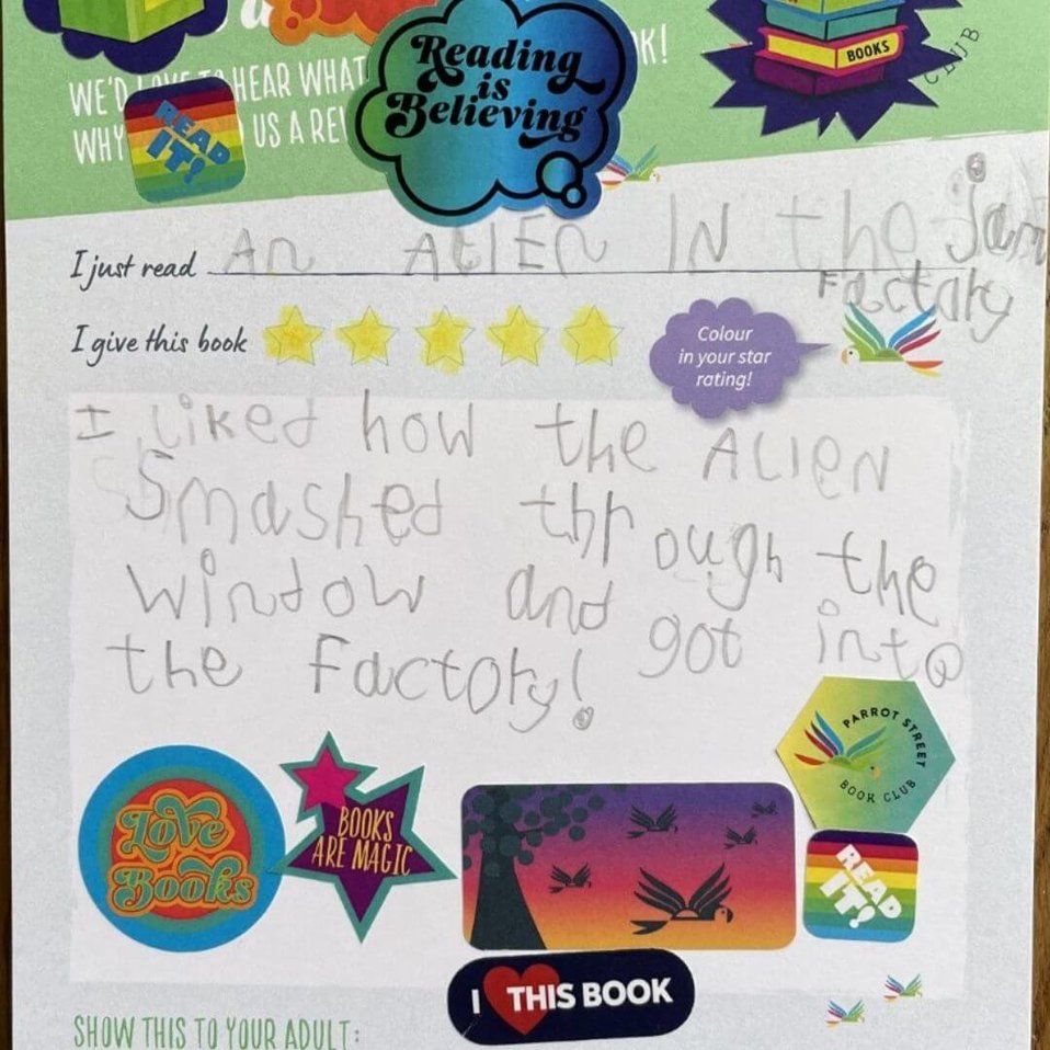 Child's written review of Alien in the Jam Factory. 