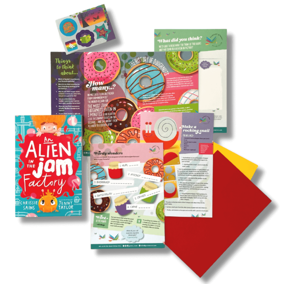 Example contents of a children's subscription box - book and activity pack