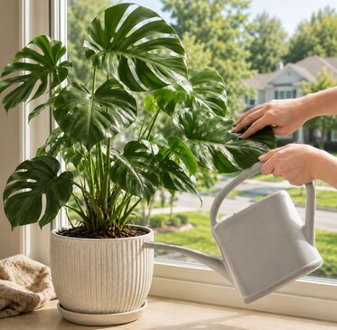Watering a Plant with a red watering can displayed Image for the Tools Product Page link. 