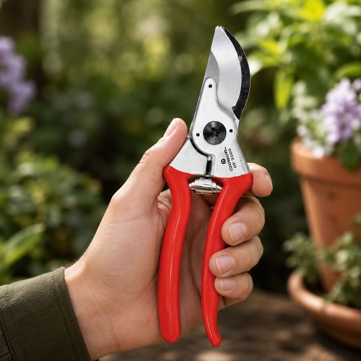 Red pruners cutting through a tree branch