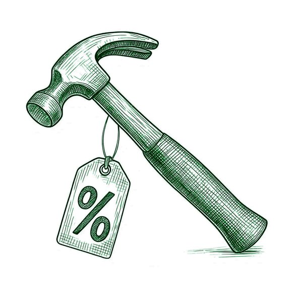 Hammer illustration with generic price tag hanging off