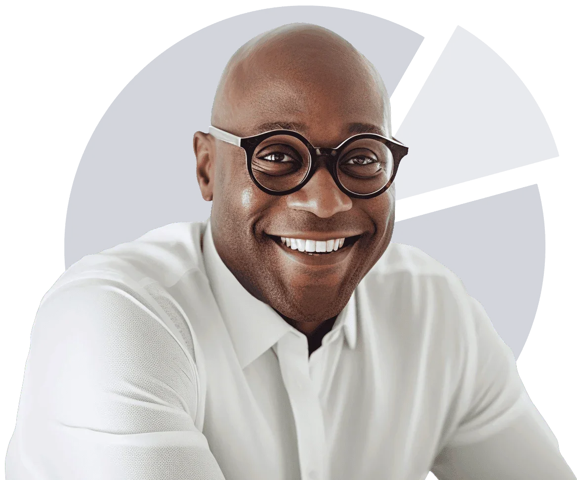 Smiling man in glasses and a white shirt sits in front of a grey pie chart graphic background.