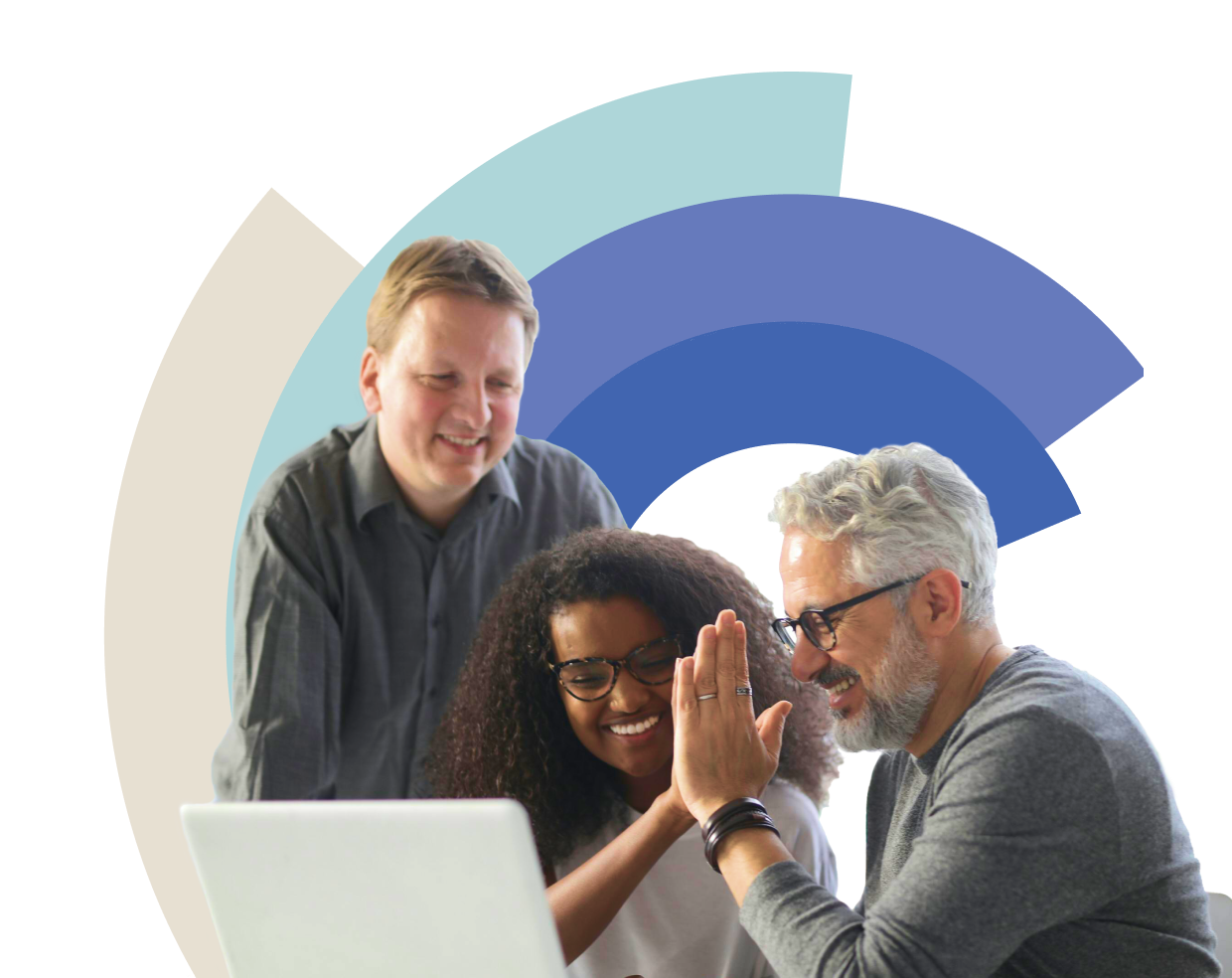 3 people in front of a laptop, 2 are high fiving.