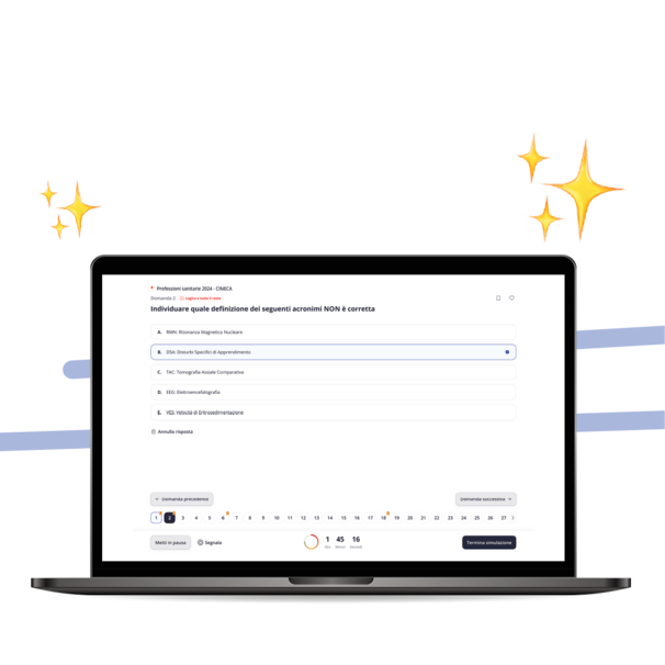 IMAT simulator interface on a laptop screen showing a timed practice question