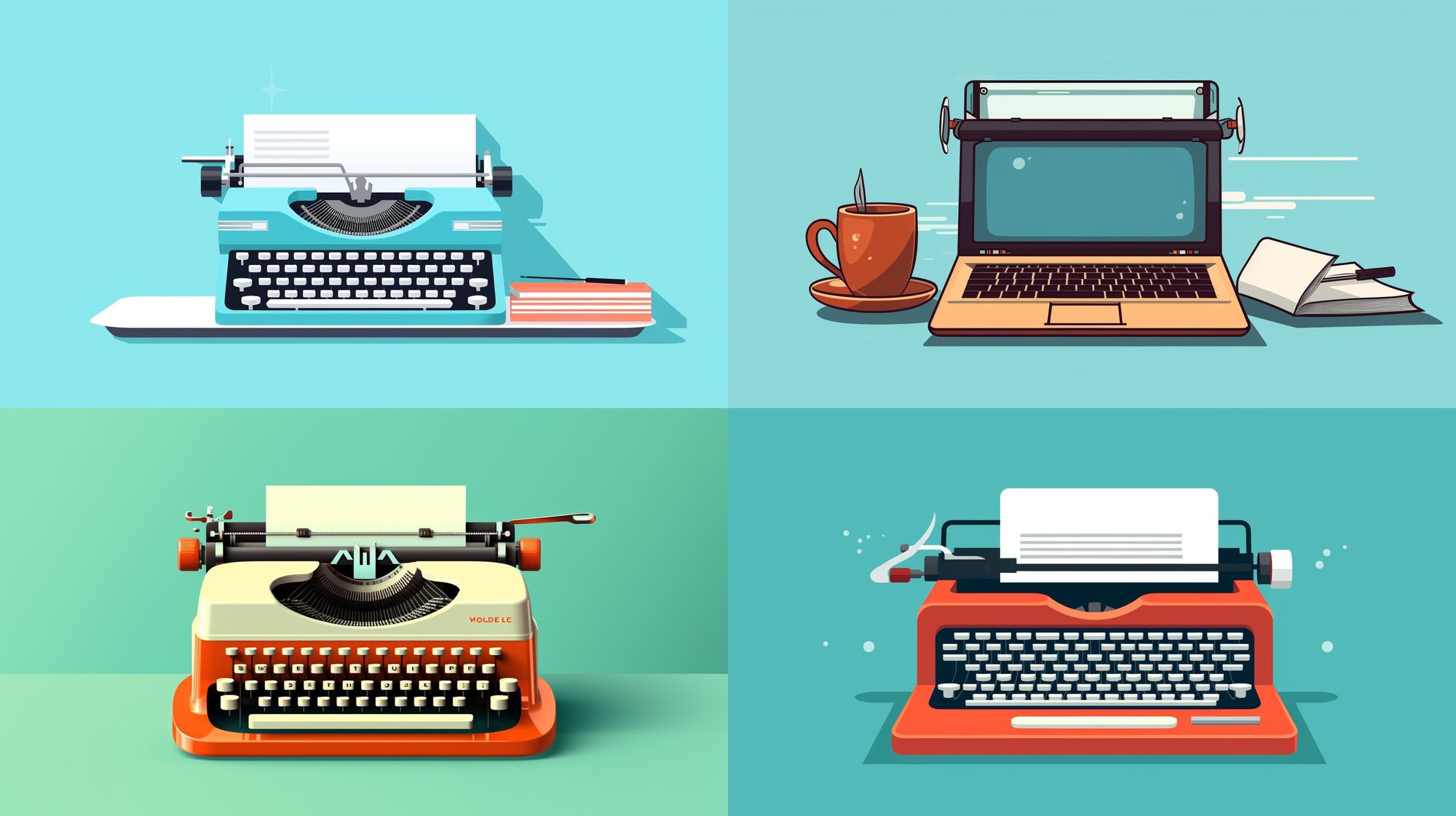Four generated illustrations of typewriters
