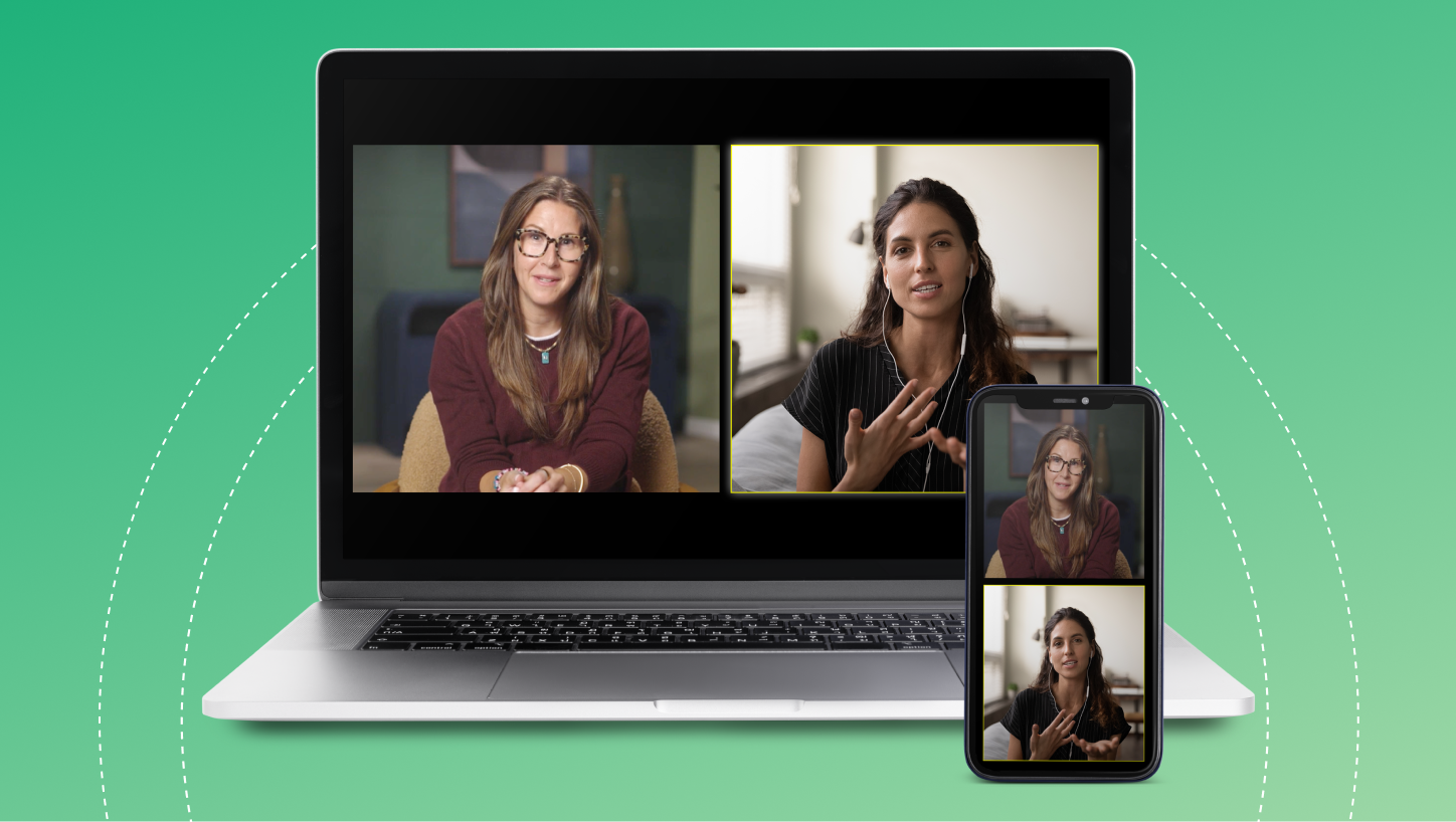 Two Good Inside coaches on a video call, shown on a laptop and a phone