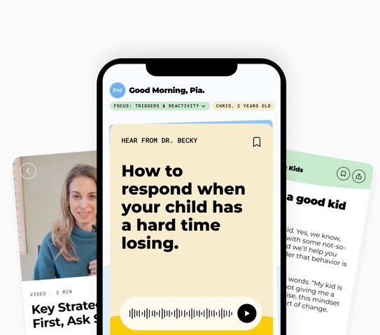 Image of mobile phone playing a Doctor Becky audio clip. Text on phone reads: how to respond when your child has a hard time losing.