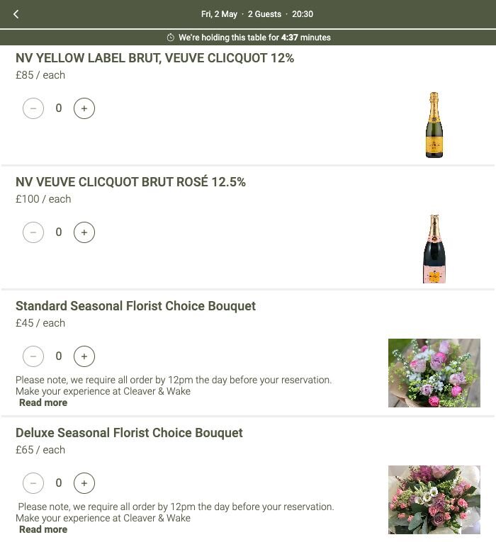 restaurant sales booking widget for prepayments