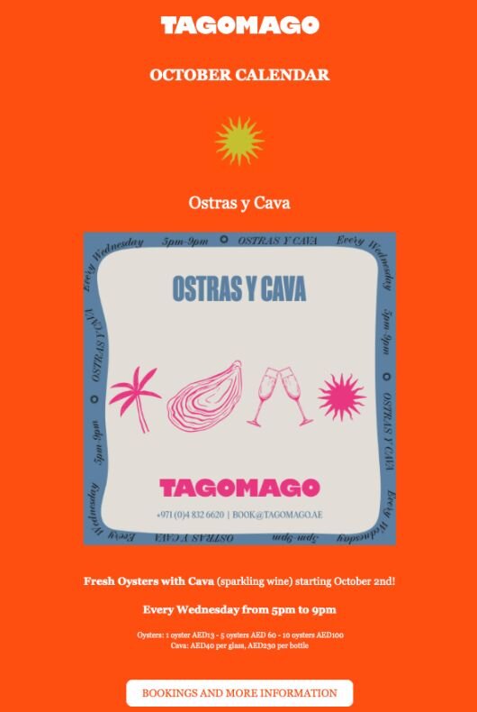 Tagomago's email highlighting an Ostra y Cava special 