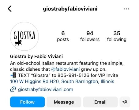 Giostra by Fabio Viviani’s Instagram bio features a text sign-up CTA