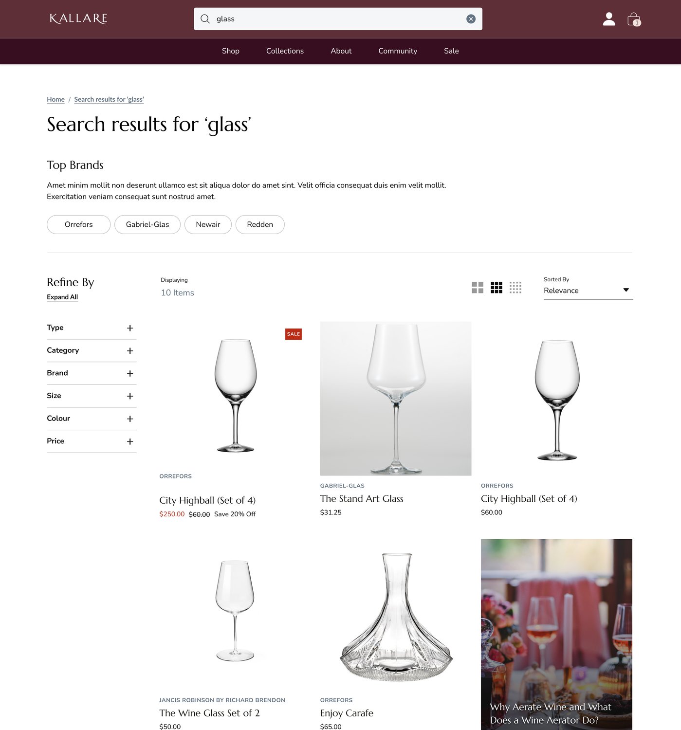 Image of a desktop website diplaying the results of a search for glass. 3 wine glasses are displayed with corresponding product group, product name, price, and discounts where applicable. A filter to refine results appears to the left of the screen.