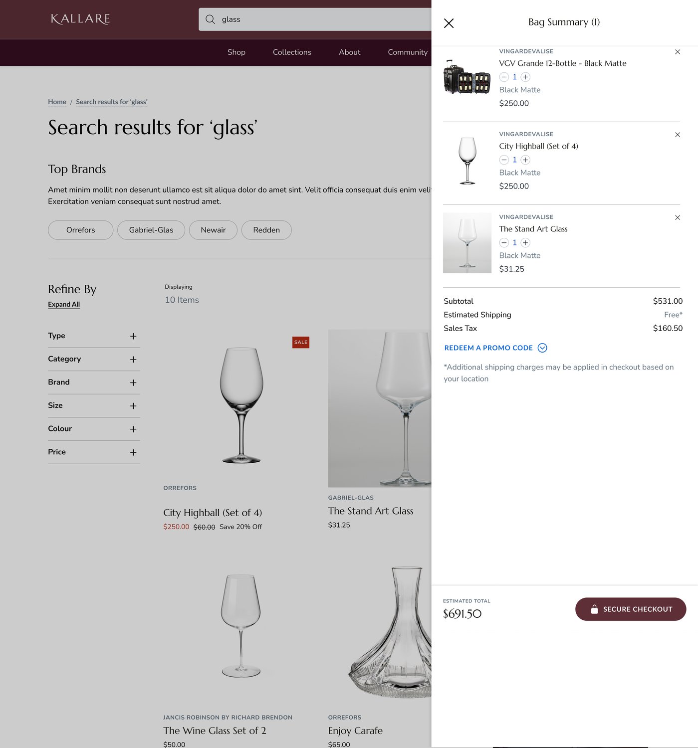 Image of a desktop website diplaying the results of a search for glass. 3 wine glasses are displayed with corresponding product group, product name, price, and discounts where applicable. A filter to refine results appears to the left of the screen. Overlayed above the website is a cart summary displaying 3 products, their summarized price, applied tax, and free shipping.