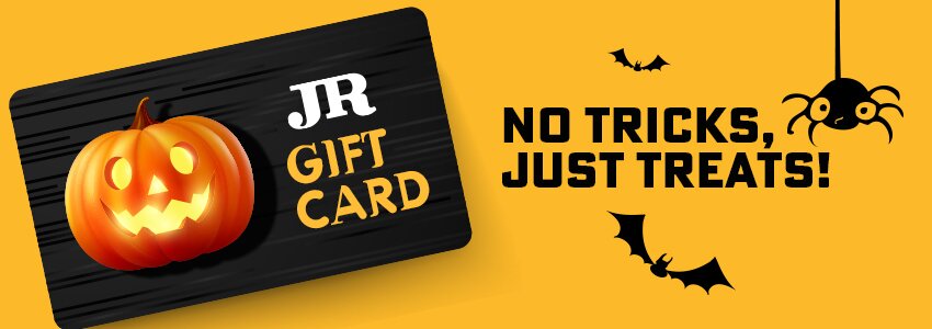 jr gift card with halloween branding and the words no tricks, just treats