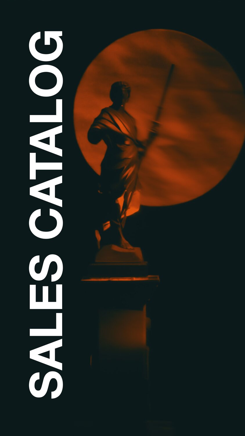 The monochromatic image of a sales catalog features a rust-colored depiction of a statue atop a Greek column. In the background, a large moon is prominently visible, adding a celestial element to the scene. The use of rust-colored hues creates a warm, earthy tone, while the contrast with the moon's cooler shades provides depth to the image. This artistic blend of classical architecture and cosmic imagery gives the catalog cover a unique and striking appearance.