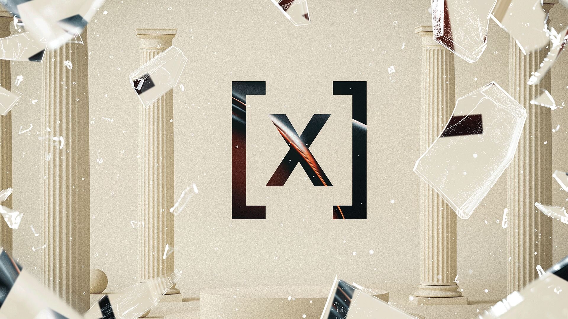 In the foreground, the Human X logo is shown shattering a pane of glass, with fragments scattering outward. Behind the glass, Greek columns are partially visible, suggesting a classical setting. The background features creamy off-white tones, creating a contrast with the dynamic action in the foreground. This imagery symbolizes breaking through traditional industry standards and challenging the status quo.
