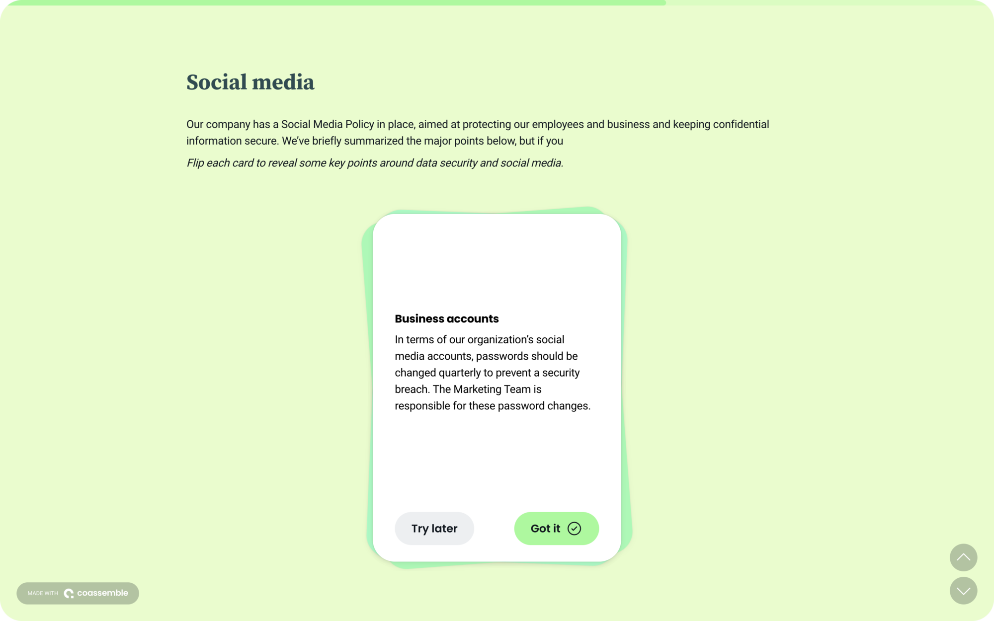 Image of Flashcards screen inside a Coassemble course