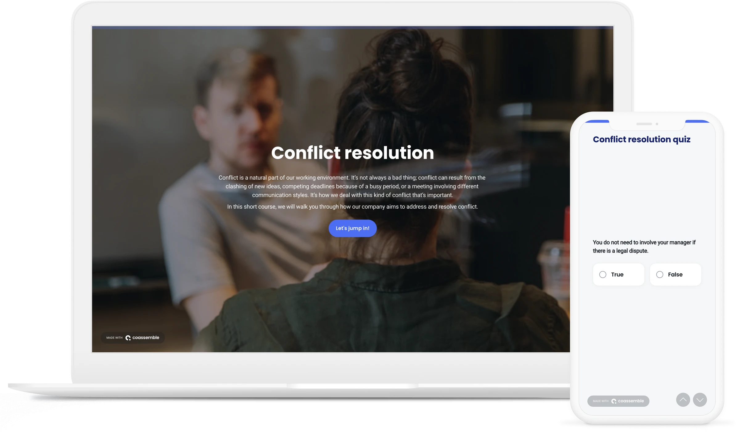 The conflict resolution training course template displayed on multiple devices