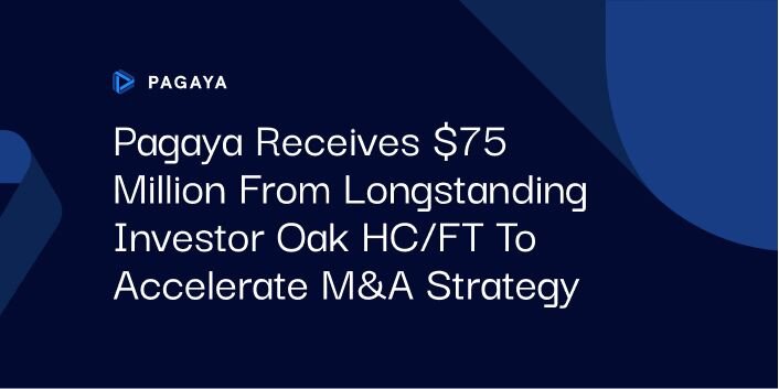 "Pagaya Receives $75 Million from Longstanding Investor Oak HC/FT to Accelerate M and A Strategy text on a blue background with the Pagaya logo and blue ribbons"