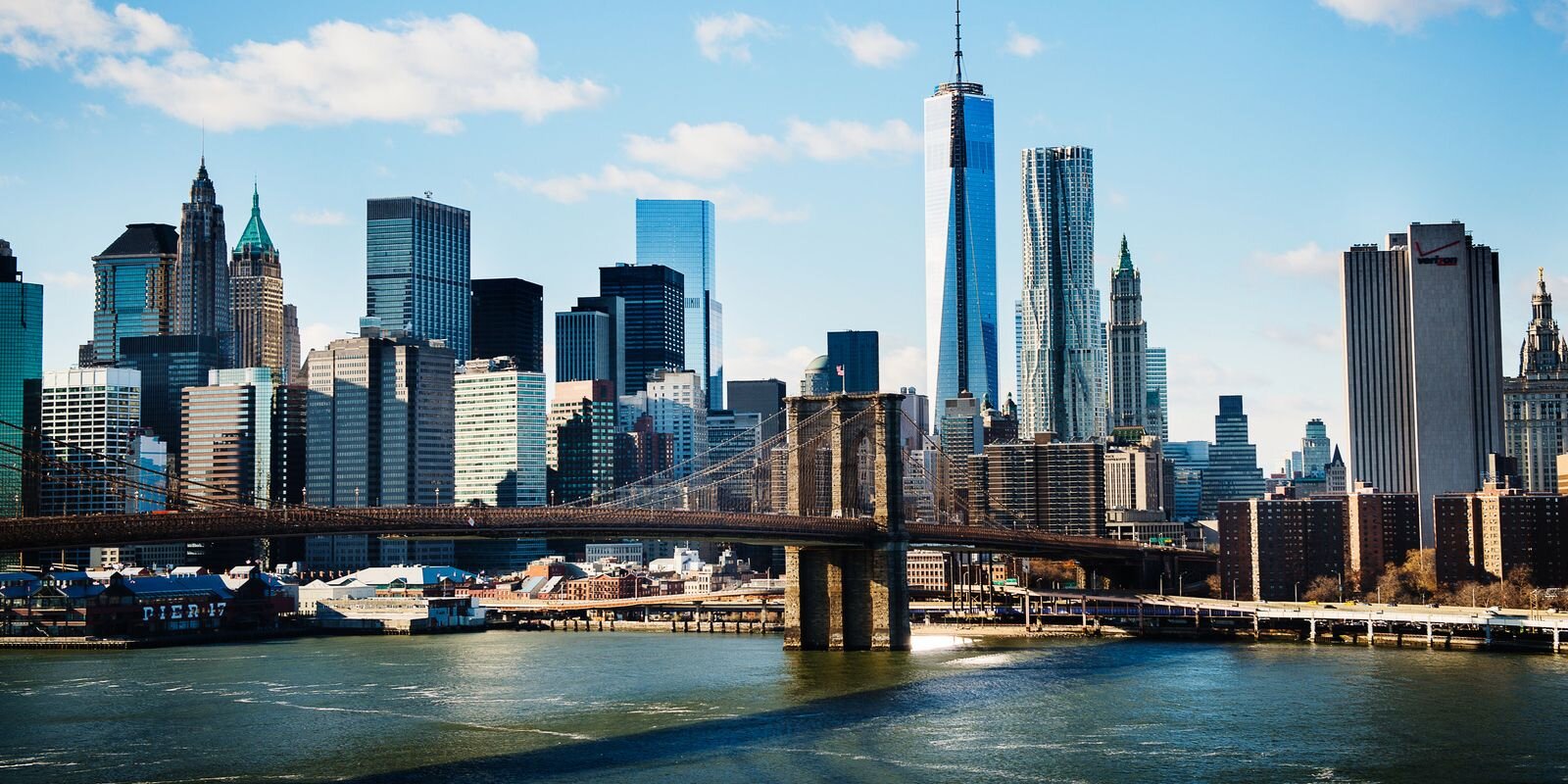 City skyline, bridge, and water