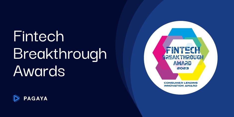 "Fintech Breakthrough Awards logo and text on a blue background with the Pagaya logo"