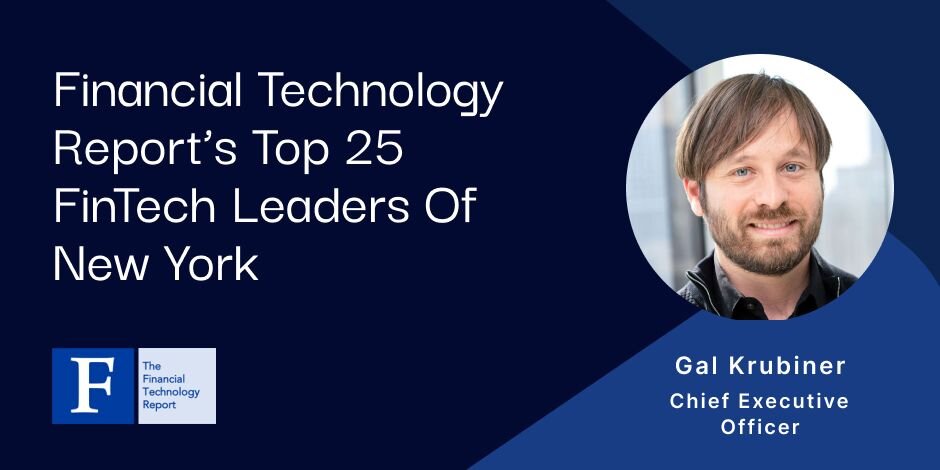 "Blue background with white text reading Financial Technology Top 25 Women Leaders In Fintech with Gal Krubiner's headshot and name"