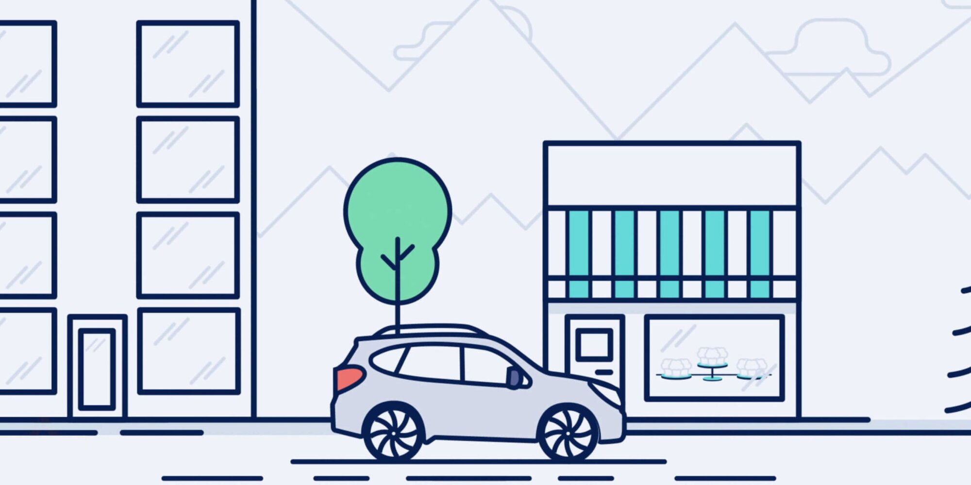 "How It Works Video - Line illustrations with a car and buildings"