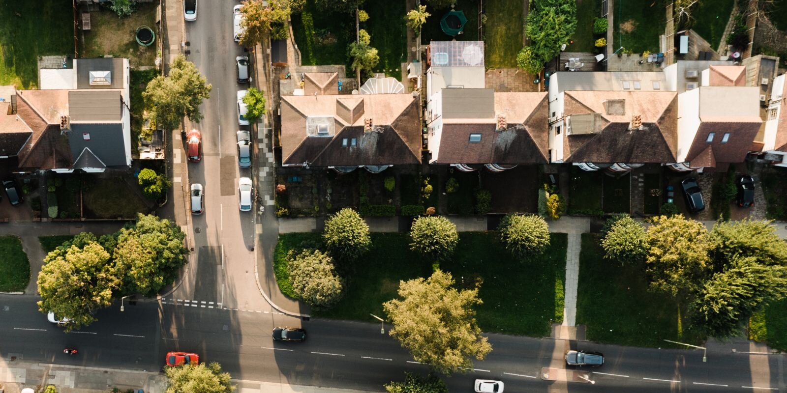 "Sky view of a neighborhood"