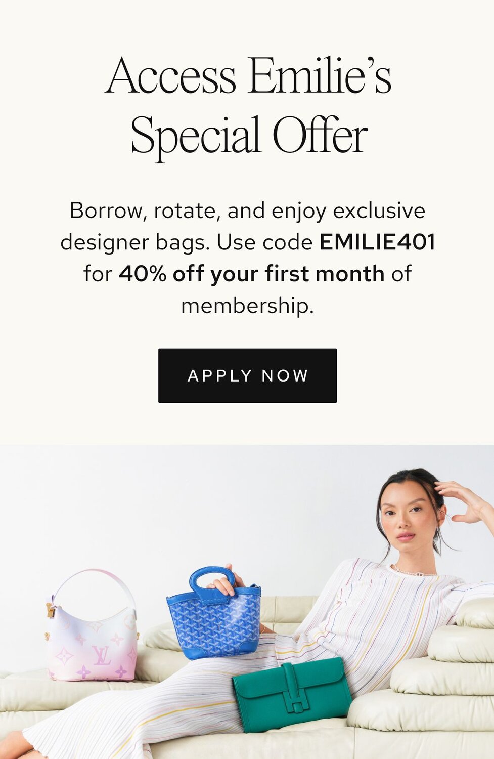 Photo of women holding luxury bags from Vivrelle. Text: Access Luxury with Vivrelle. Borrow, rotate, and enjoy exclusive designer items. CTA: Apply now. 