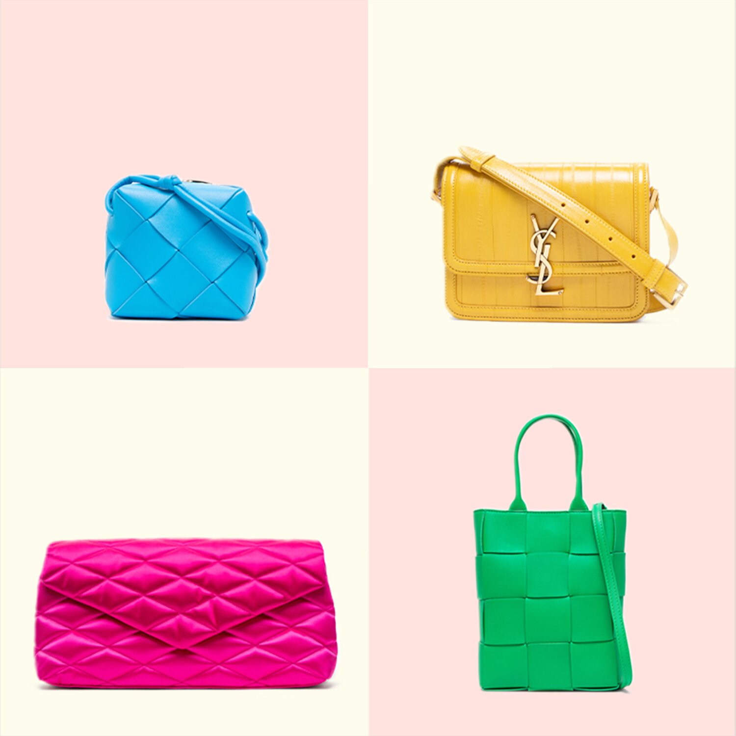 Image of colorful luxury handbags from Vivrelle, on colorful background colors.