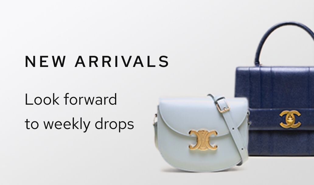 Photo of luxury handbags from Vivrelle. Text on image reads: New arrivals. Look forward to weekly drops.