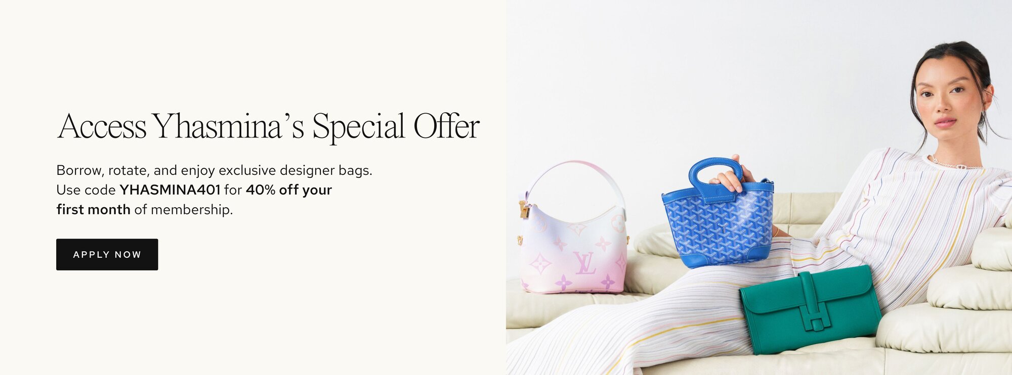 Photo of women holding luxury bags from Vivrelle. Text: Access Luxury with Vivrelle. Borrow, rotate, and enjoy exclusive designer items. CTA: Apply now. 