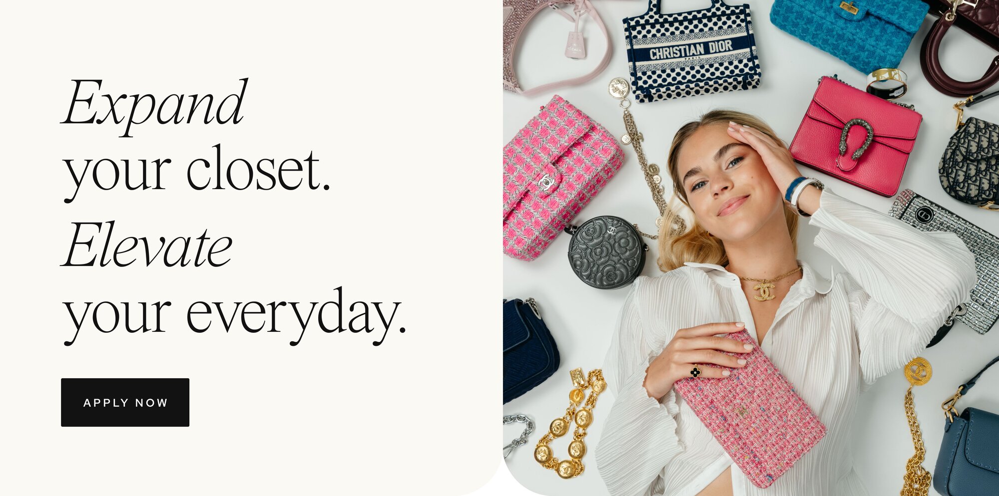 Photo of a woman laying down, smiling, clutching a pink luxury bag amidst a collection of chic luxury handbags and accessories from Vivrelle. Text to the left reads: "Expand your closet. Elevate your everyday." Button prompt: "Apply Now."