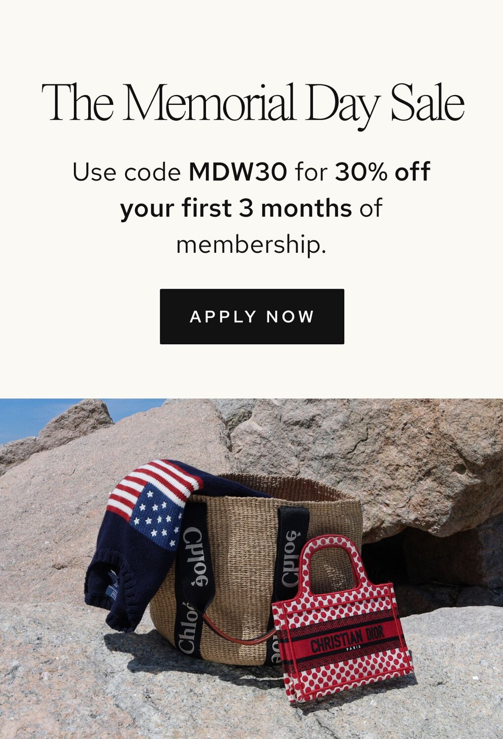 Photo of women holding luxury bags from Vivrelle. Text: Access Luxury with Vivrelle. Borrow, rotate, and enjoy exclusive designer items. Borrow, rotate, and enjoy exclusive designer bags. Use code LUXURY for 40% off your first 3 months of membership. CTA: Apply now. 