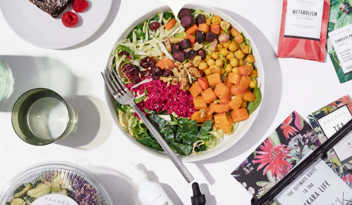 Photo of salads and smoothies from Sakara Life.