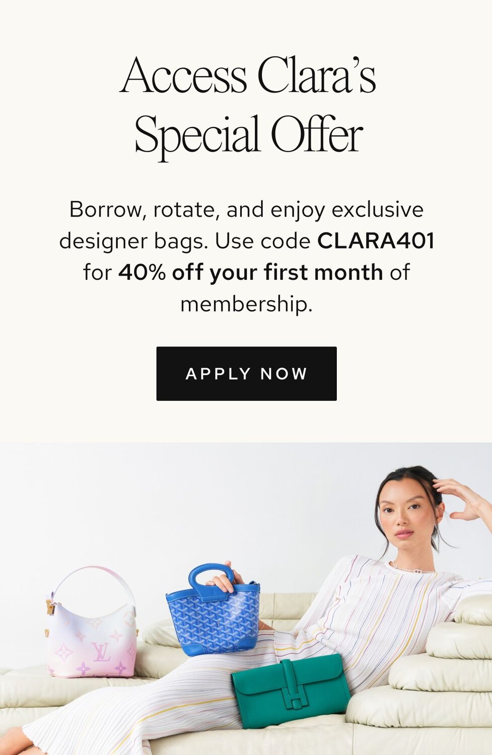 Photo of women holding luxury bags from Vivrelle. Text: Access Luxury with Vivrelle. Borrow, rotate, and enjoy exclusive designer items. CTA: Apply now. 